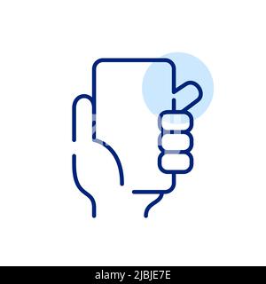 Hand hält ein Smartphone. Pixel-perfektes, bearbeitbares Strichliniensymbol Stock Vektor