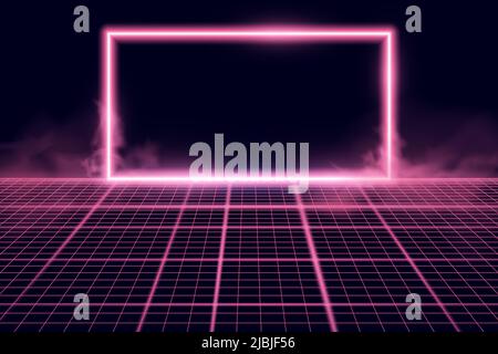 Wireframe-Perspektivenraster mit leuchtendem Neonrahmen. Abstrakter Retro-Hintergrund. Vektorgrafik. Stock Vektor
