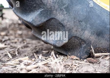 Bodenverdichtung, die durch einen großen Traktorreifen vor dem Pflanzen auf einem leeren Feld über oberem Schmutz verursacht wird. Stockfoto