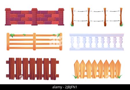 Hölzerner Pfostenzaun, Barriere mit Stacheldraht, Steinbalustrade und Ziegelmauer. Vector Cartoon Satz von verschiedenen Zäunen für Garten, Bauernhof Paddock, Hausterrasse, Hinterhof und Ranch Stock Vektor