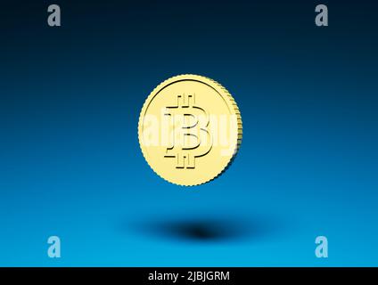 Gelbe Bitcoin-Münze auf blauem Hintergrund 3D Render Stockfoto