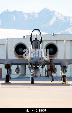 Ein US Air Force A-10 Thunderbolt II Pilot, der dem 354. Fighter Squadron zugewiesen wurde, und ein Airman, der dem 355. Aircraft Maintenance Squadron zugewiesen wurde, führt Vorflugkontrollen auf der Davis-Monthan Air Force Base, Arizona, am 9. Februar 2022 durch. Das 355. Wing unterhält und betreibt A-10 Thunderbolt IIS, HH-60G Pave Hawks und HC-130J Combat King IIS, um sicherzustellen, dass seine Flieger und Flugzeuge bereit sind zu fliegen, zu kämpfen und zu gewinnen. (USA Luftwaffe Foto von Senior Airman Cheyenne A. Morigeau) Stockfoto