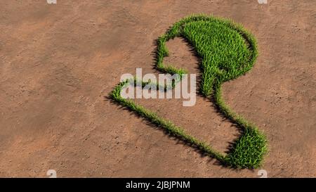 Konzept konzeptuelle grüne Sommer Rasen Gras Symbol Form auf braunem Boden oder Erde Hintergrund, menschliches Gehirn Bild. Eine illustration aus dem jahr 3D für die Wissenschaft Stockfoto