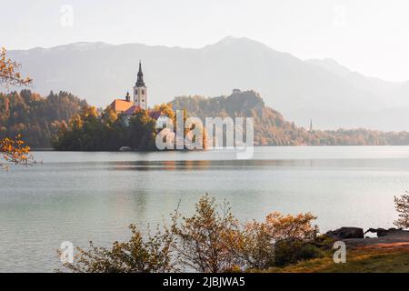 Alpine Bled See in Slowenien, atemberaubende Natur und malerische Landschaft mit Kirche auf der Insel und Schloss auf einem Felsen. Stockfoto