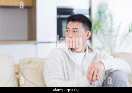 Gelangweilte Freunde junger asiatischer Mann, der allein zu Hause auf dem Sofa sitzt. Vermisst Mann sitzt auf der Couch in der Wohnung. Einsamer Kerl im Wohnzimmer. Ich hatte mir Sorgen gemacht Stockfoto