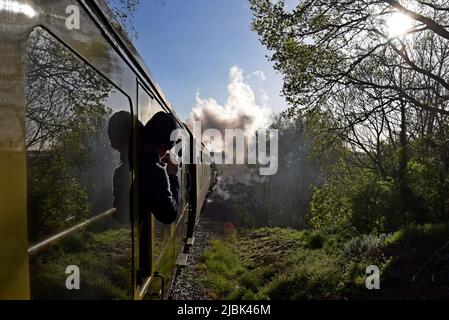 Ein Eisenbahnfreund macht ein Foto des kürzlich restaurierten LNER A4 Pacific 4498 „Sir Nigel Gresley“ in der Nähe der Kidderminster Station, Severn Valley Railway, Großbritannien Stockfoto