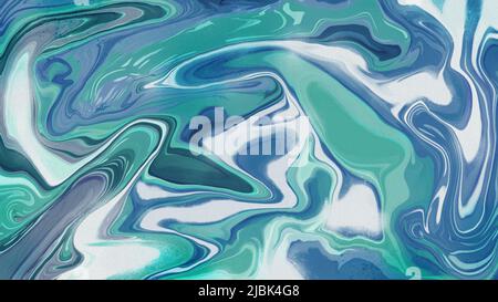 Digitale Marmorstruktur in aqua- und weißen Farbtönen. Dekorative Farbfläche mit flüssiger Marmorierung. Kreatives und trendiges Tapetendesign. Meereswelle Stockfoto