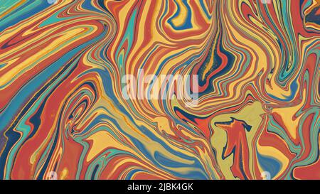 Fließende künstlerische Textur. Abstrakter Hintergrund mit marmorierten Maleffekten. Flüssige Acryl-Grafiken mit chaotischen Mischfarben. Glatte, wellige Linien in blau, Stockfoto