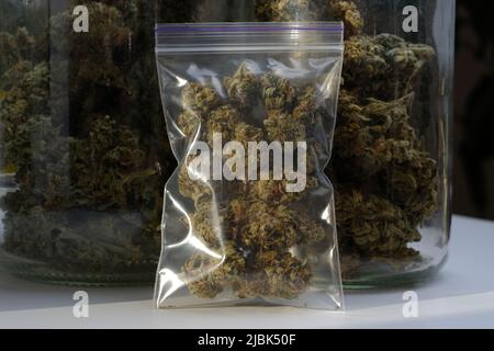 Trockene und getrimmte Cannabisknospen, die in einer Plastiktüte auf Glasgefäßen mit Knospen aufbewahrt werden. Medizinisches Marihuana Stockfoto