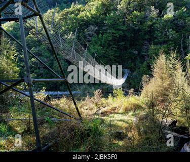 High Swing Bridge über den Travers River, Nelson Lakes National Park, South Island, Aotearoa / Neuseeland. Stockfoto