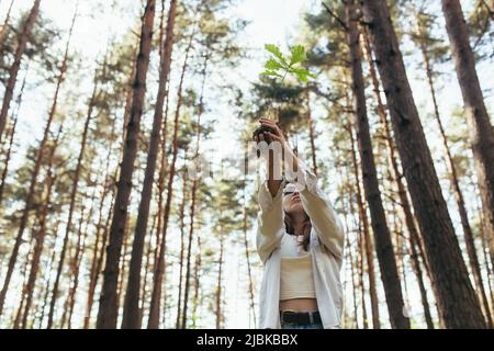 Junge Freiwillige pflanzt einen Wald und hält einen Eichenbaumkeimling in ihren Händen Stockfoto
