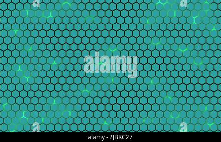 Grüner sechseckiger Technologie abstrakter Vektor-Hintergrund mit grünen neonfarbenen hellen Blitzen unter Sechseck. Türkisfarbener sechseckiger Spielevektor, abstrakt Stock Vektor