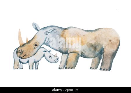 Zwei Nilpferde mit Aquarellen gezeichnet. Muttertagskarte Idee. Nilpferd und ein Baby. Stockfoto