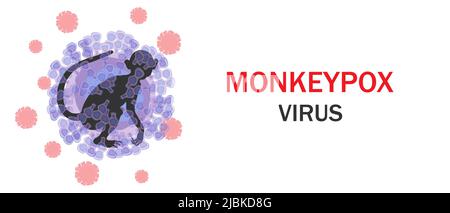 Monkeypox-Virus-Banner. Mikrobiologischer Hintergrund mit Viruszellen und Affenkonturen. Vektorgrafik. Stock Vektor