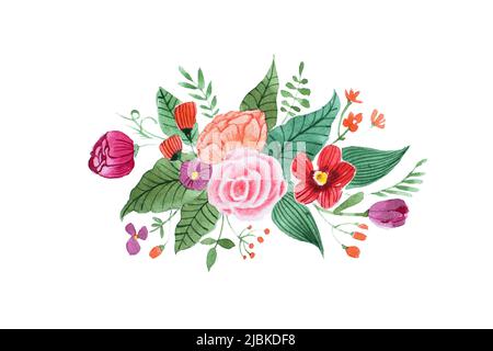 Aquarelle Zeichnung von hübschen kleinen Bouquet aus verschiedenen roten, lila und rosa Blüten und Blätter isoliert auf weißem Hintergrund. Stockfoto