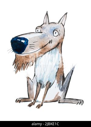 Aquarell Zeichnung von lustig lächelnden Cartoon Hund oder Wolf mit Pelz Bart von Hand gezeichnet. Stockfoto