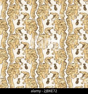 Braunes, handgezeichnetes Spinosaurus-Dinosaurier-Nahtloses Muster. Gender Neutral Jurassic fossile Silhouette für Baby-Nursery. Home Dekor für Museum, Aussterben Stockfoto