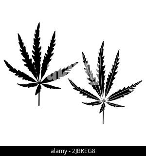 Marihuana oder Cannabis Blatt Silhouette isoliert gesetzt. Schwarze Silhouette von Marihuana-Blatt oder pflanzlichem Cannabis auf weißem Hintergrund. Vektorgrafik. Stock Vektor