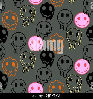 Schmelzendes Lächeln Emoji-Symbole nahtloses Muster. Geschmolzenes, witziges Lächeln tropft ins Gesicht. Stock Vektor