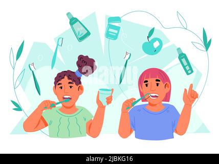 Kinder Zahnpflege und Kinderzahnmedizin Klinik Banner-Vorlage, flache Vektor-Illustration isoliert auf weißem Hintergrund. Gruppe von Kindern, die T-Shirt putzen Stock Vektor