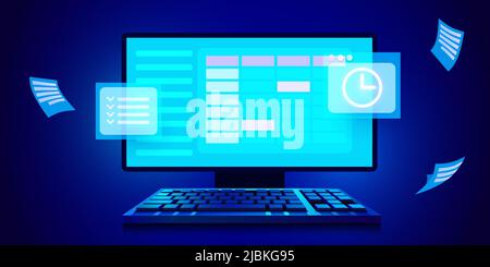 Kalender und Uhr auf dem Computerbildschirm. Planungskonzepte. Moderne, futuristische Designelemente. Vektorgrafik Stock Vektor