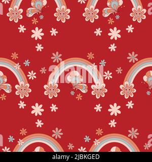 Retro 70s 60s Hippie Groovy Flower Rainbow Floral Daisy Happy Smile Gesichtsvektor nahtlose Muster. Wachsen positive Gedanken gute Vibes Pharase. Boho Summer Flower Power Flower Kind Oberflächendesign. Stock Vektor