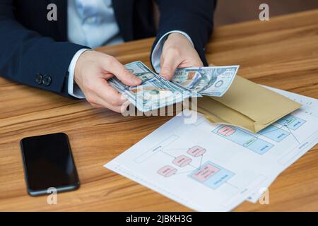Nahaufnahme der Hände eines Geschäftsmannes, der US-Dollar zählt, Mann im Geschäftsanzug Stockfoto