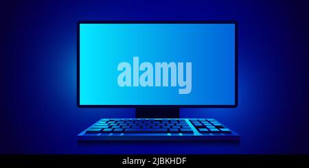 Moderner Desktop-Computer mit Tastatur auf dunklem Hintergrund. Vektorgrafik Stock Vektor