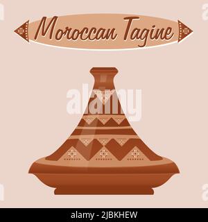 Marokkanische Tagine (Keramikkrug). Tajine ist eines der berühmtesten Küchenutensilien der Welt. Marokkanisches Gericht. Vektorgrafik. Stock Vektor