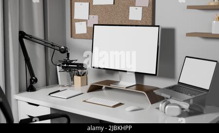 Moderne Inneneinrichtung von Radiosendern mit pc-Computer, Notebook-Laptop, Zubehör und Mikrofon auf dem Tisch. 3D Rendering, 3D illustrr Stockfoto