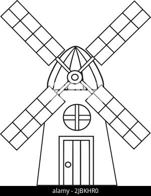 Windmühle isolierte Malseite für Kinder Stock Vektor