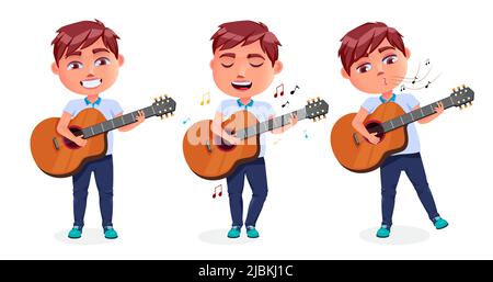 Schüler singen Vektor-Zeichensatz. Junge Charaktere halten und spielen Gitarre isoliert auf weißem Hintergrund für musikalische Schule Aktivität Sammlung. Stock Vektor