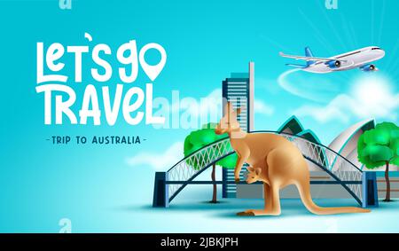 Reise australien Vektor Hintergrund Design. Reisen wir nach australien Text mit Gebäuden, Brücken und Känguru-Wahrzeichen für das Land. Stock Vektor