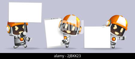 Roboter präsentieren Charakter-Vektor-Set. Roboterfiguren mit Whiteboard-, Plakat- und Telefonelementen in freundlichem Ausdruck und Gesten für den Roboter. Stock Vektor