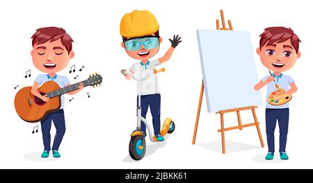 Zeichensatz für aktive Schüler mit Vektorgrafiken. Junge Charaktere singen, Reiten Roller und malen in isolierten weißen Hintergrund für Spaß Kinder Bildung. Stock Vektor