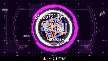 Abbildung des Scannens des Scanners, der Änderung von Zahlen und der sicherheitsüberprüfung des qr-Codes auf schwarzem Hintergrund Stockfoto