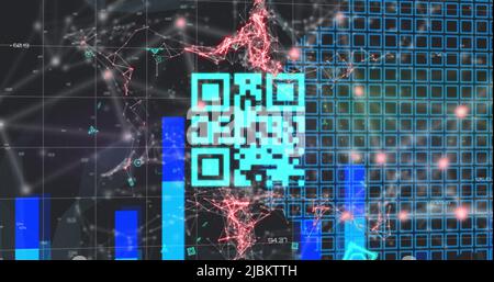 Bild von blauem QR-Code über rotem Verbindungsnetz, blauer Graph Stockfoto