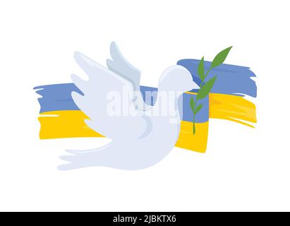 Taube des Friedens auf der Flagge der Ukraine. Das Konzept des Friedens in der Ukraine. Vektordarstellung auf weißem Hintergrund isoliert. Stock Vektor