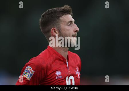 Serravalle, Italien, 5.. Juni 2022. Jurgen Degabriele von Malt während des Spiels der UEFA Nations League im San Marino Stadium, Serravalle. Bildnachweis sollte lauten: Jonathan Moscrop / Sportimage Stockfoto