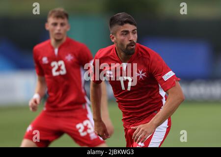 Serravalle, Italien, 5.. Juni 2022. Nikolai Muscat von Malta während des Spiels der UEFA Nations League im San Marino Stadium, Serravalle. Bildnachweis sollte lauten: Jonathan Moscrop / Sportimage Stockfoto