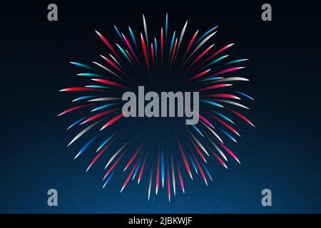 Nationalfeiertag der usa. Sternenhimmel im Hintergrund, Feuerwerk in den Farben der amerikanischen Flagge. 4.. juli US Unabhängigkeitstag. Frohe Grüße der vereinigten Staaten Stock Vektor