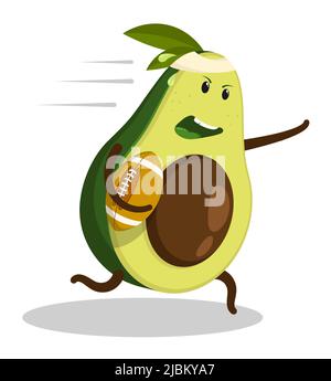 Avocado Sport Charakter, Athlet american Football-Spieler läuft mit einem ovalen Ball in der Hand. Cartoon-Vektor auf weißem Hintergrund isoliert Stock Vektor
