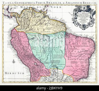 Tabula Geographica Peruae, Brasiliae & Amazonum Regionis. Eine Karte von Peru, Brasilien und den Amazonasregionen. Nach der Karte, die um 1830 von Guillaume de L'Isle veröffentlicht wurde. Stockfoto