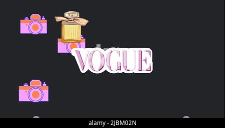 Bild von Vogue-Text und Kamera mit Parfüm-Symbolen auf schwarzem Hintergrund Stockfoto