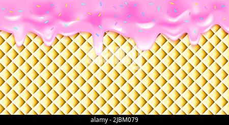 Vektor-Illustration mit tropfendem Pink Glaze mit bunten Streuseln auf Waffel. Abstract 3D Lebensmittelhintergrund. Stock Vektor