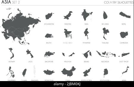 Set aus 25 detailreichen Silhouettenkarten asiatischer Länder und Territorien sowie Vektordarstellung der Asien-Karte. Stock Vektor