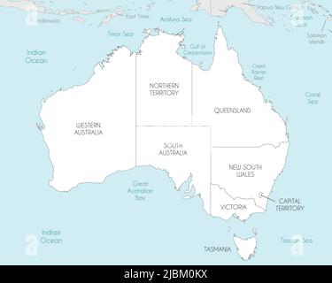 Vektorkarte von Australien mit Regionen und Verwaltungseinheiten, sowie Nachbarländern und Territorien. Editierbare und klar beschriftete Ebenen. Stock Vektor