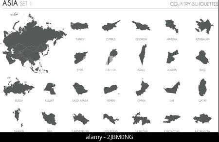 Set aus 24 detailreichen Silhouettenkarten asiatischer Länder und Territorien sowie Vektordarstellung der Asien-Karte. Stock Vektor