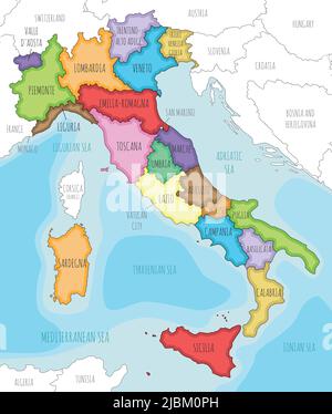 Vektorgrafik illustrierte Karte von Italien mit Regionen und Verwaltungseinheiten, und Nachbarländer und Territorien. Bearbeitbar und deutlich beschriftet la Stock Vektor