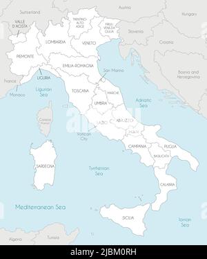 Vektor-Karte von Italien mit Regionen und Verwaltungseinheiten, und Nachbarländer und Territorien. Editierbare und klar beschriftete Ebenen. Stock Vektor